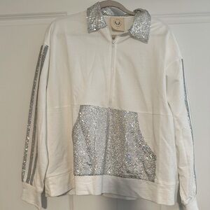 Fantastic Fawn 1/2 zip sequined pullover top white - small